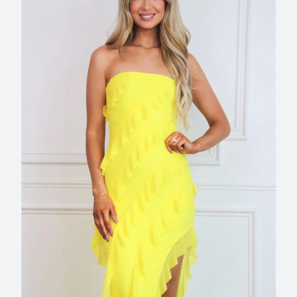 Strapless Yellow Ruffle Midi Dress